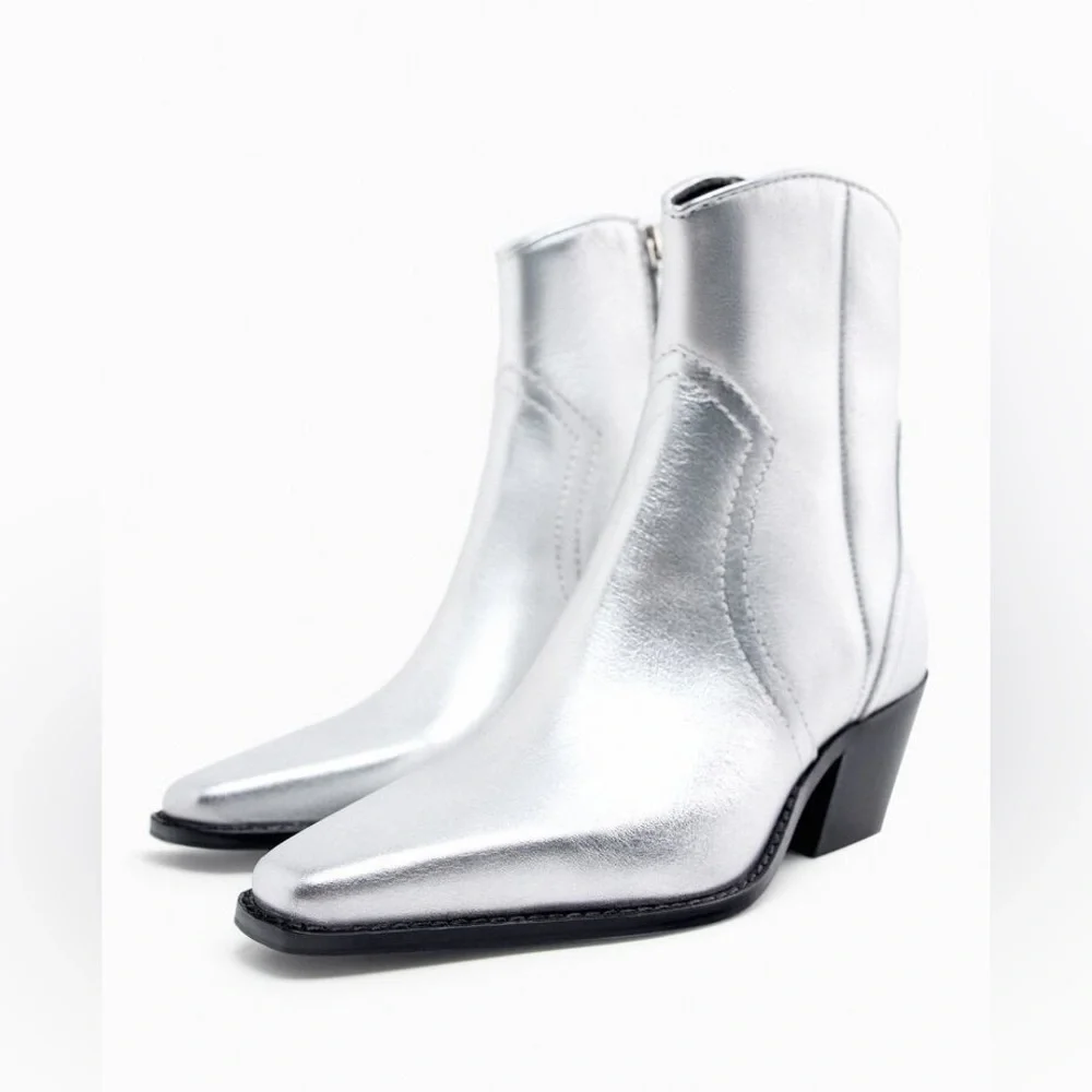 NWT. Zara Metallic Silver Cowboy-Style Leather Ankle Boots. Size 8, 9. - Picture 2 of 11